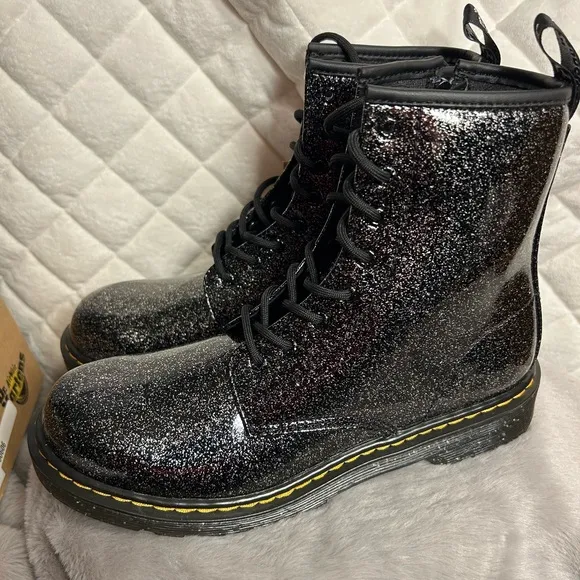 NIB Dr. Martens Black Glitter Combat Boots Girls Womens size
