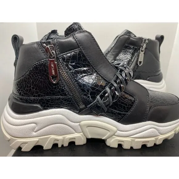 NIB MARC CAIN Sneakers Black Chain Detail Zip Close Black White Sole 6 RTL $440