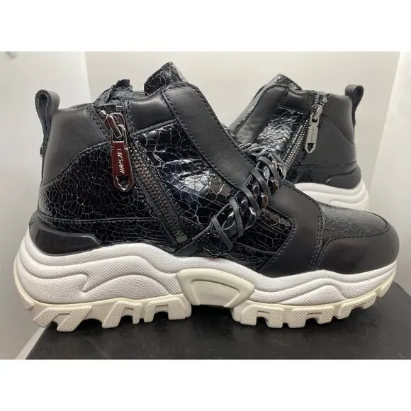 NIB MARC CAIN Sneakers Black Chain Detail Zip Close Black White Sole 6 RTL $440