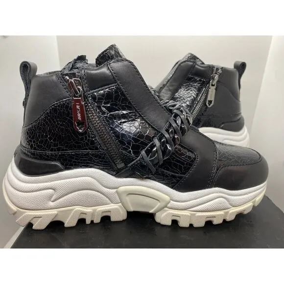 NIB MARC CAIN Sneakers Black Chain Detail Zip Close Black White Sole 6 RTL $440