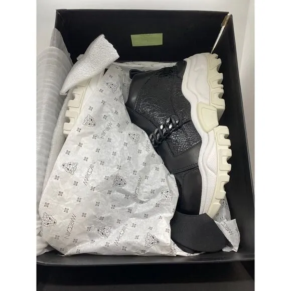 NIB MARC CAIN Sneakers Black Chain Detail Zip Close Black White Sole 6 RTL $440