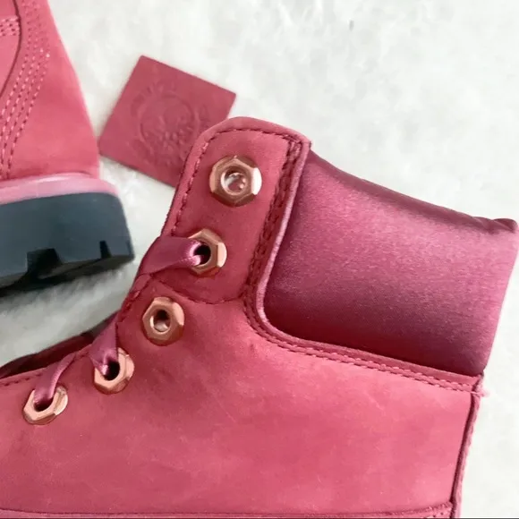 NIB Timberland Limit Satin Collar Waterproof Ribbon Tie Boots Red 38