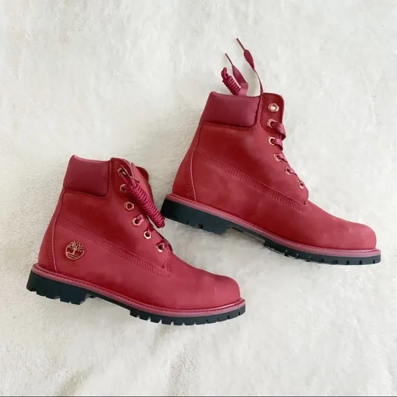 NIB Timberland Limit Satin Collar Waterproof Ribbon Tie Boots Red 38