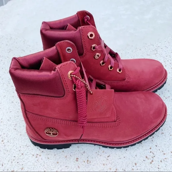 NIB Timberland Limit Satin Collar Waterproof Ribbon Tie Boots Red 38