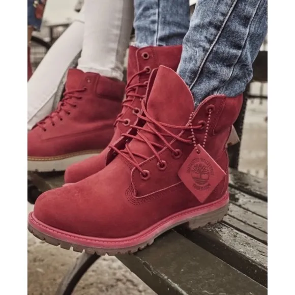NIB Timberland Limit Satin Collar Waterproof Ribbon Tie Boots Red 38