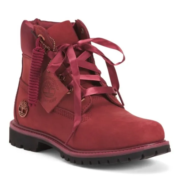 NIB Timberland Limit Satin Collar Waterproof Ribbon Tie Boots Red 38