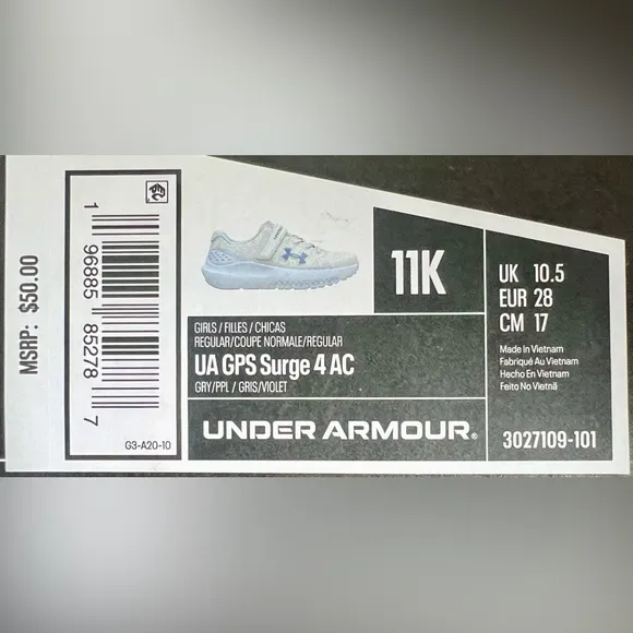 NIB Under Armour Surge 4 AC Pre-School Kids' Running Shoes, Size 11 Gray