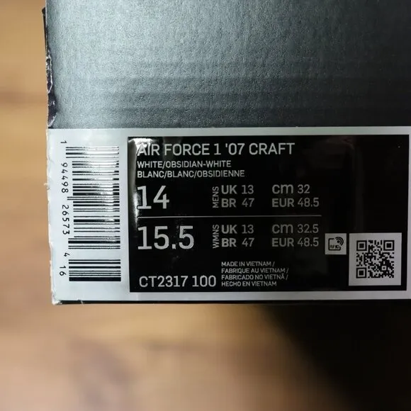 Nike Air Force 1 Craft 'White Obsidian' CT2317-100 Men's 14 2020