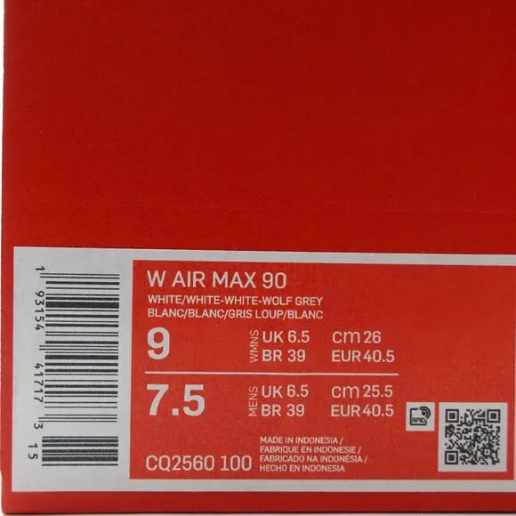 Nike Air Max 90 Triple White Sneakers CQ2560-100 Womens Size 9