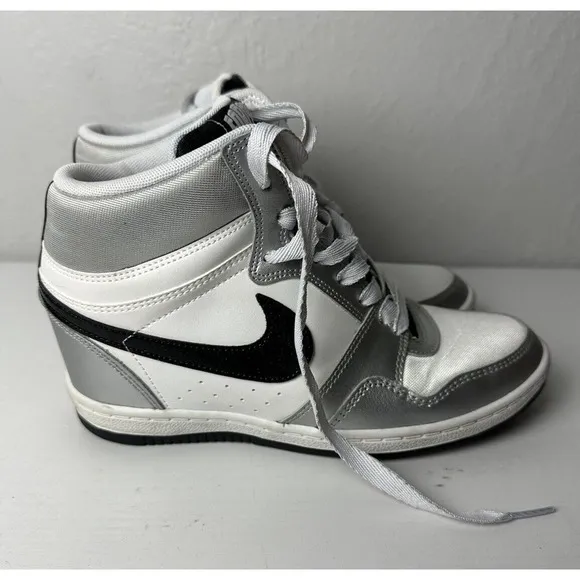Nike Force, Sky High, Hidden Wedge, White Metallic Silver Sneakers Size 7.5