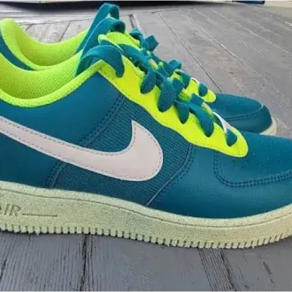Nike Kids Air Force 1 Shoes - Teal and Neon Yellow Unisex Size 4.5