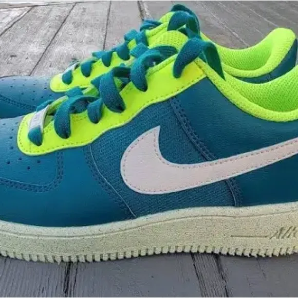 Nike Kids Air Force 1 Shoes - Teal and Neon Yellow Unisex Size 4.5