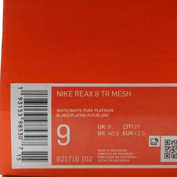 Nike Reax 8 TR Triple White Training Shoes 621716-102 Mens Size 9