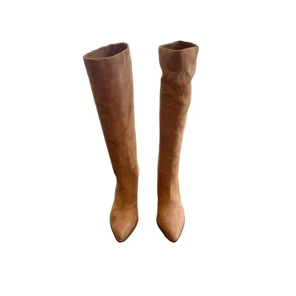 Nine West Tall Block Hell Leather Boots Almond toe Cognac Womens Size 6.5M