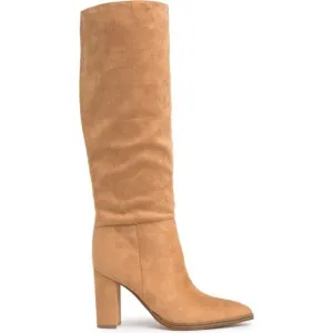 Nine West Tall Block Hell Leather Boots Almond toe Cognac Womens Size 6.5M