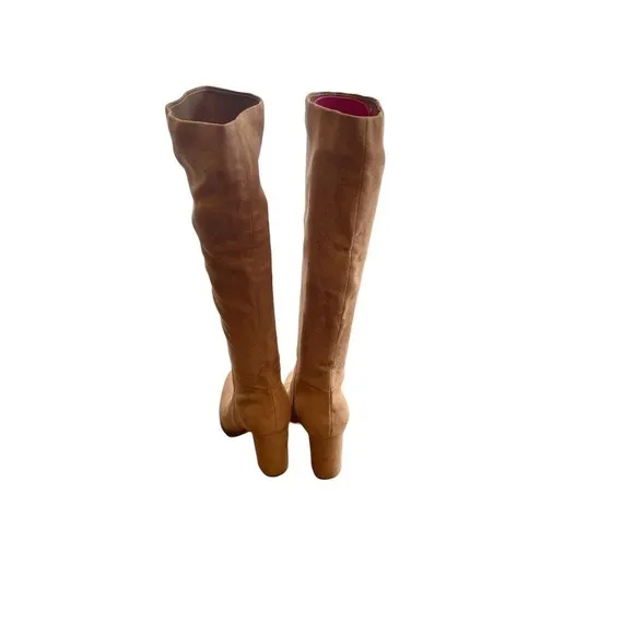 Nine West Tall Block Hell Leather Boots Almond toe Cognac Womens Size 6.5M