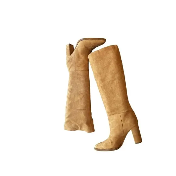 Nine West Tall Block Hell Leather Boots Almond toe Cognac Womens Size 6.5M