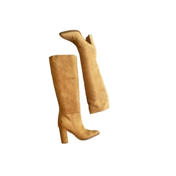 Nine West Tall Block Hell Leather Boots Almond toe Cognac Womens Size 6.5M