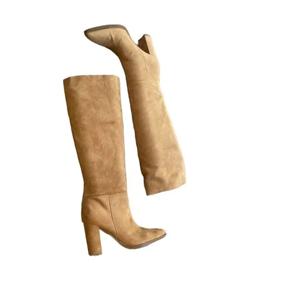 Nine West Tall Block Hell Leather Boots Almond toe Cognac Womens Size 6.5M