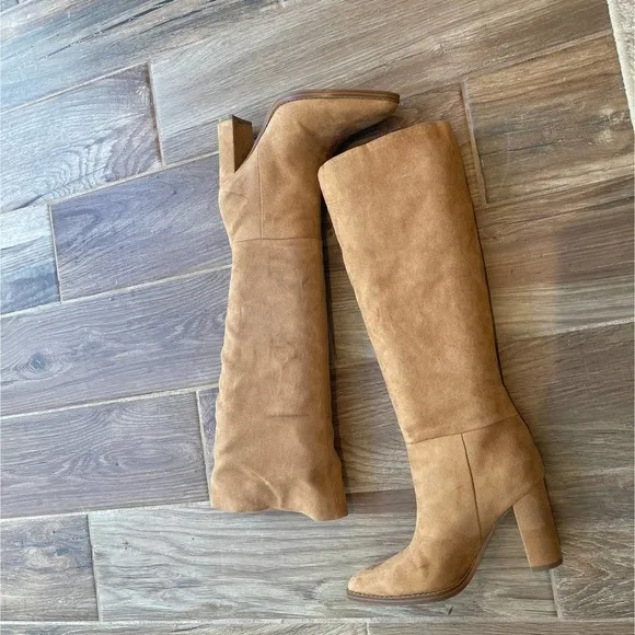 Nine West Tall Block Hell Leather Boots Almond toe Cognac Womens Size 6.5M