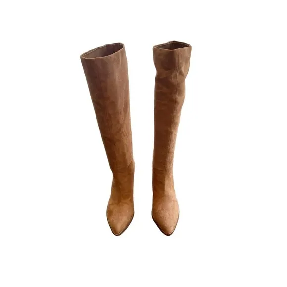 Nine West Tall Block Hell Leather Boots Almond toe Cognac Womens Size 6.5M