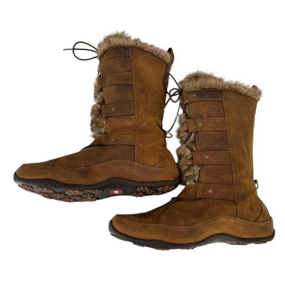 North Face Boots Primaloft Waterproof Brown Leather Faux Fur Womens Size 10