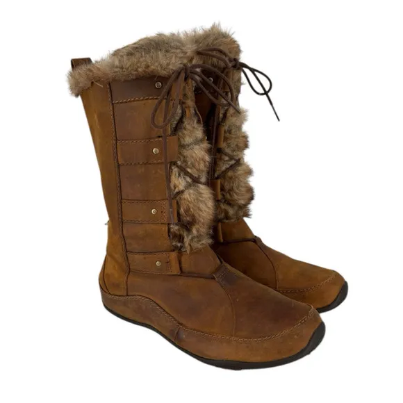 North Face Boots Primaloft Waterproof Brown Leather Faux Fur Womens Size 10