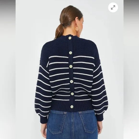 NWOT Alex Mill Button-Back Crewneck Sweater in navy Stripe XS