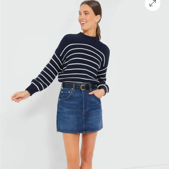 NWOT Alex Mill Button-Back Crewneck Sweater in navy Stripe XS