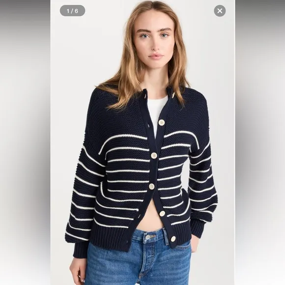 NWOT Alex Mill Button-Back Crewneck Sweater in navy Stripe XS
