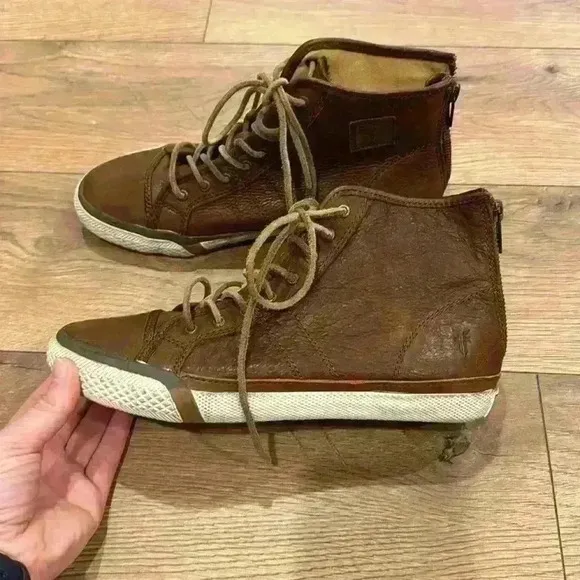 NWOT Frye Women’s Greene High Top Leather Sneakers Cognac Brown Zipper Size 7.5