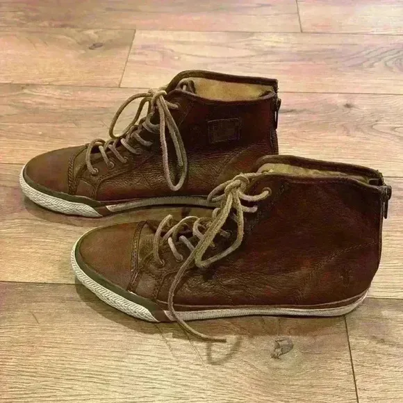 NWOT Frye Women’s Greene High Top Leather Sneakers Cognac Brown Zipper Size 7.5
