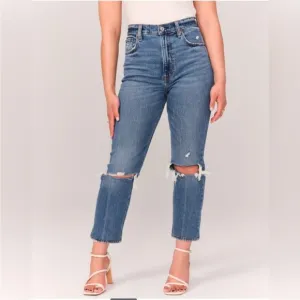 NWT ABERCROMBIE- Curve Love Ultra High Rise Ankle Straight Jean Distressed Denim