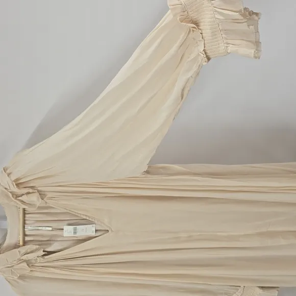 NWT Anthropologie Cream V-Neck Bishop Sleeve Chiffon Ruffle Dress LP