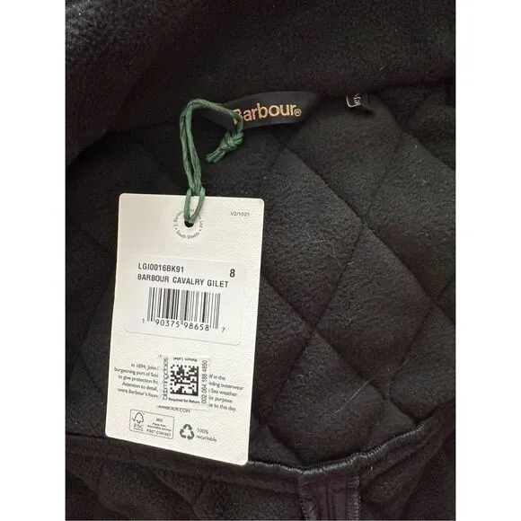 NWT Barbour Zip &amp; Button Quilted Cavalry Gilet Fleece Lined Vest Black