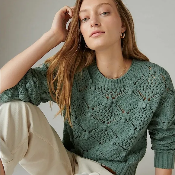 NWT! Lucky Brand Open Stitch Crew Neck Laurel Wreath Green Pullover Sweater