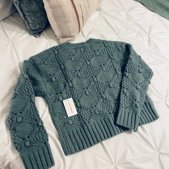 NWT! Lucky Brand Open Stitch Crew Neck Laurel Wreath Green Pullover Sweater