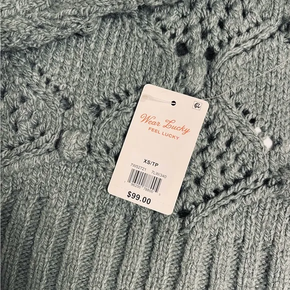 NWT! Lucky Brand Open Stitch Crew Neck Laurel Wreath Green Pullover Sweater