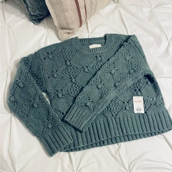 NWT! Lucky Brand Open Stitch Crew Neck Laurel Wreath Green Pullover Sweater