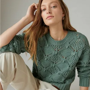 NWT! Lucky Brand Open Stitch Crew Neck Laurel Wreath Green Pullover Sweater