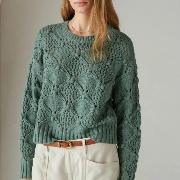NWT! Lucky Brand Open Stitch Crew Neck Laurel Wreath Green Pullover Sweater