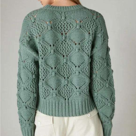 NWT! Lucky Brand Open Stitch Crew Neck Laurel Wreath Green Pullover Sweater