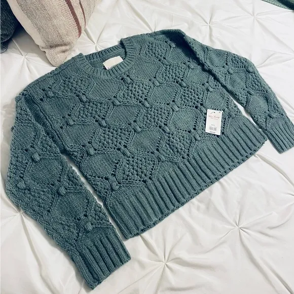 NWT! Lucky Brand Open Stitch Crew Neck Laurel Wreath Green Pullover Sweater