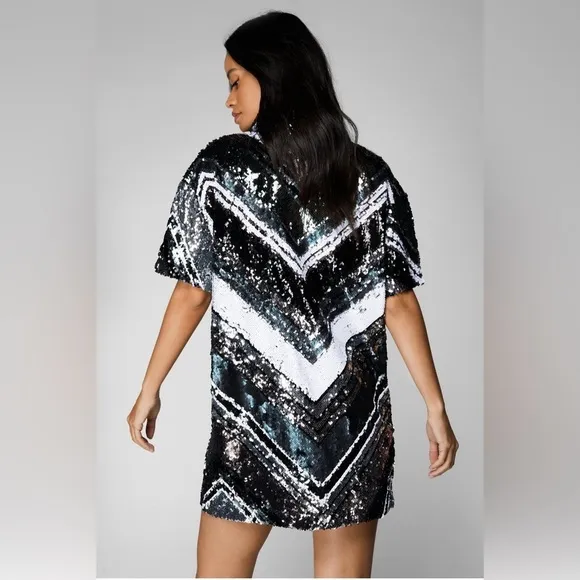 NWT Nasty Gal Sequin Zig Zag Placement Shirt Dress Size 8