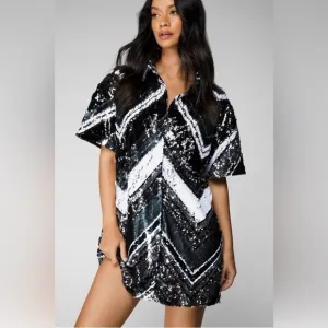 NWT Nasty Gal Sequin Zig Zag Placement Shirt Dress Size 8