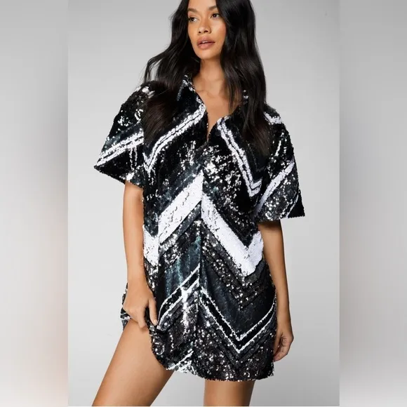 NWT Nasty Gal Sequin Zig Zag Placement Shirt Dress Size 8