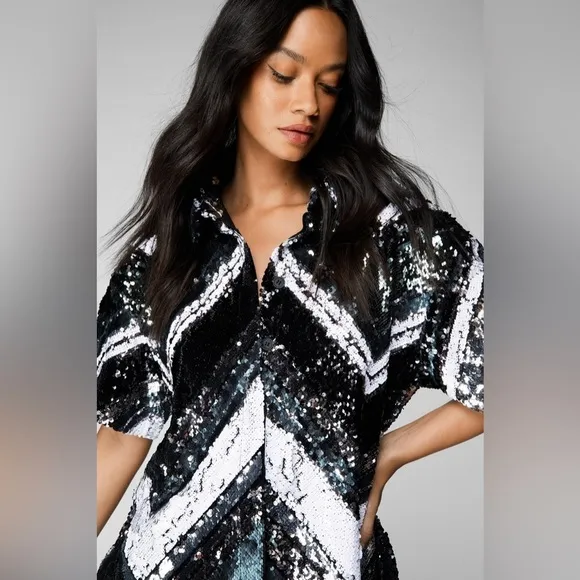NWT Nasty Gal Sequin Zig Zag Placement Shirt Dress Size 8