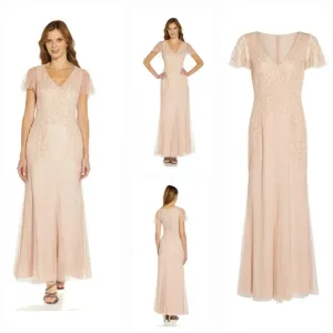 NWT Papell Studio Gorgeous Beaded Maxi Dress Flutter Sleeves Blush Womens 12