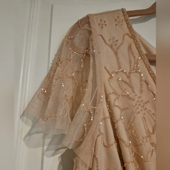 NWT Papell Studio Gorgeous Beaded Maxi Dress Flutter Sleeves Blush Womens 12