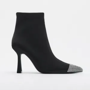 NWT. Zara Black High Heel Fabric Rhinestone Toe Ankle Boots. Size 6.
